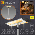 Infrapuna kütteseade IRS 2010: reguleeritav kõrgus, ilmastikukindel 2000-vatine professionaalne küttekeha – integreeritud LED-valgustus ja kaugjuhtimispult.